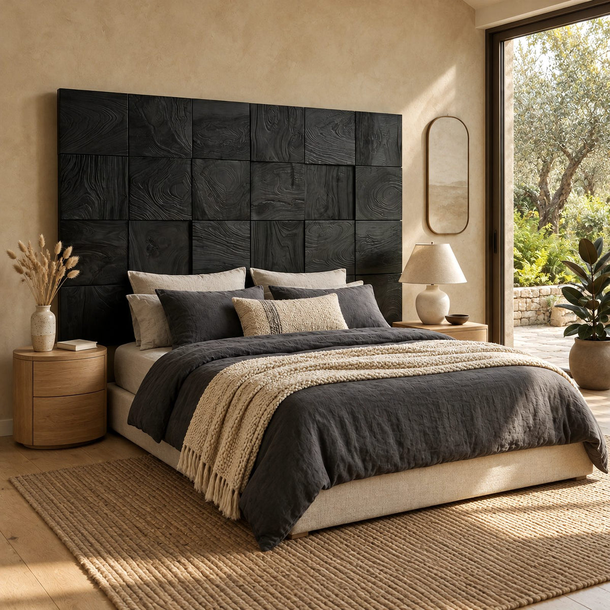 Farmhouse Square Block Wooden Headboard With 3D Grid Panels For Bedroom