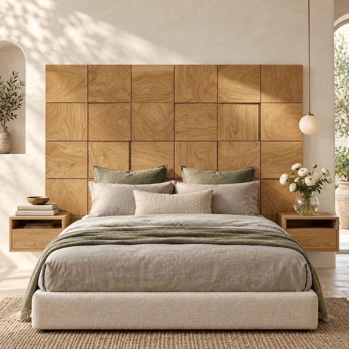 Farmhouse Square Block Wooden Headboard With 3D Grid Panels For Bedroom
