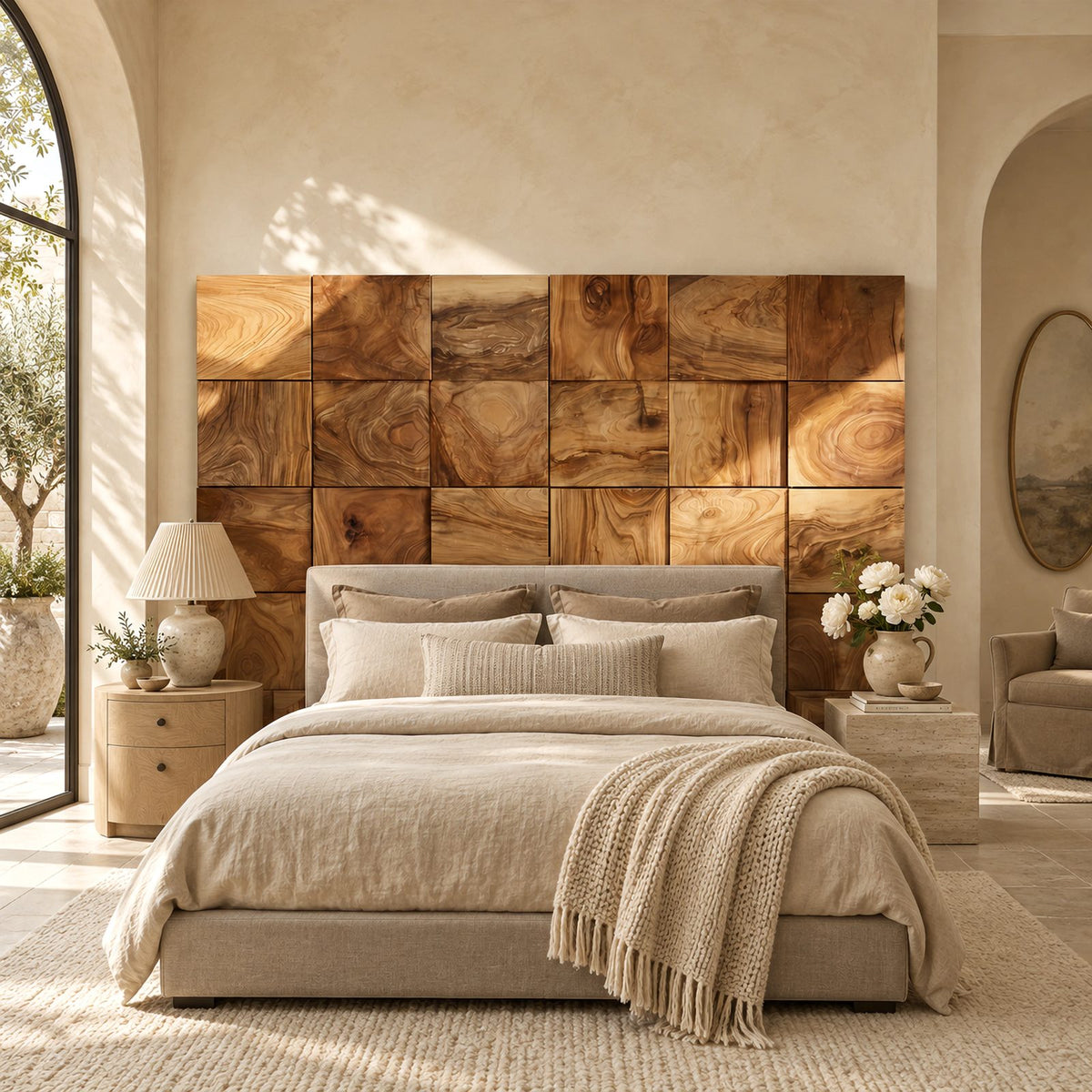 Farmhouse Square Block Wooden Headboard With 3D Grid Panels For Bedroom