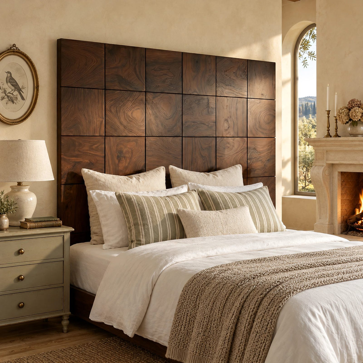 Farmhouse Square Block Wooden Headboard With 3D Grid Panels For Bedroom
