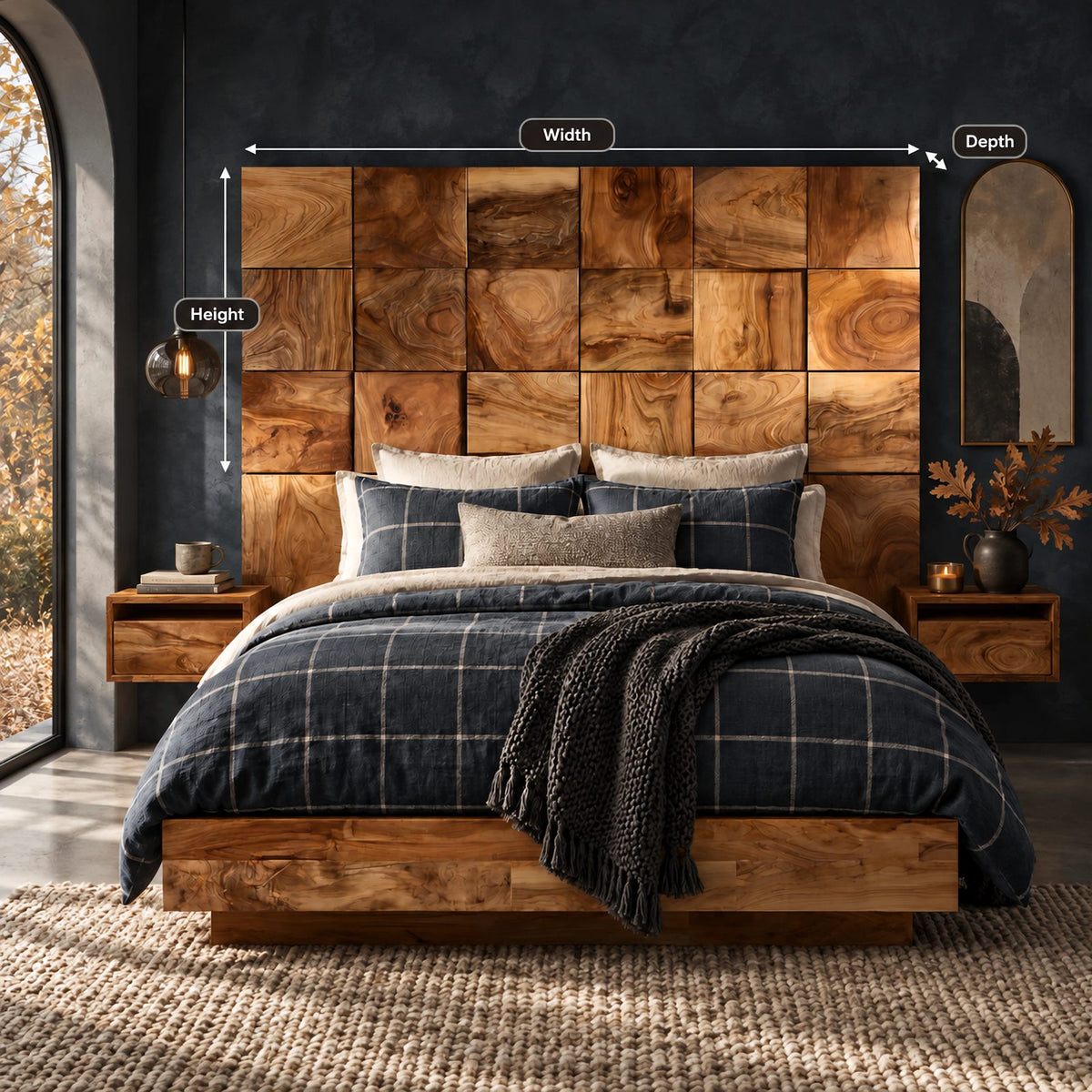 Farmhouse Square Block Wooden Headboard With 3D Grid Panels For Bedroom