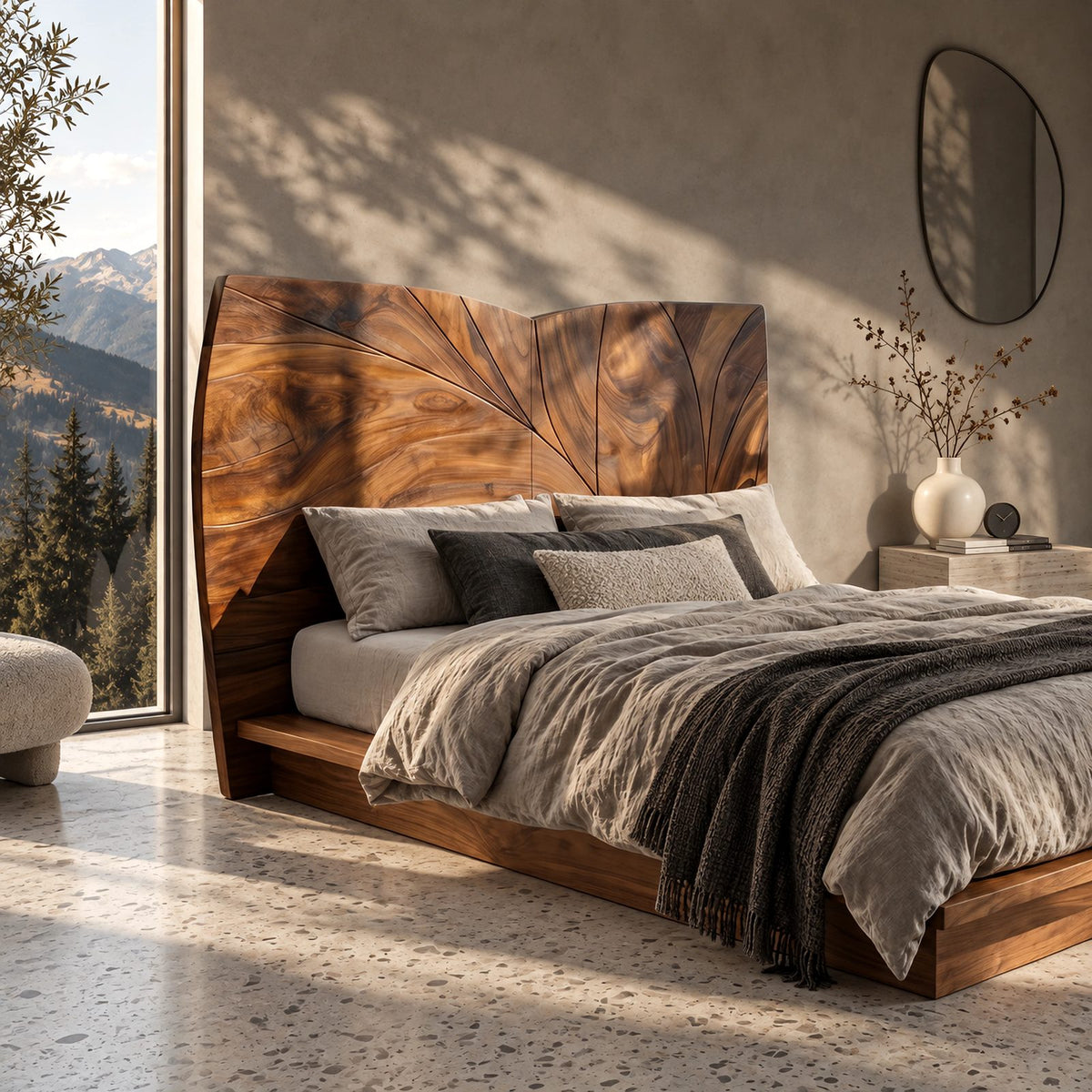 Modern Curved Top Wood Headboard With Carved Leaf Lines For Bedroom