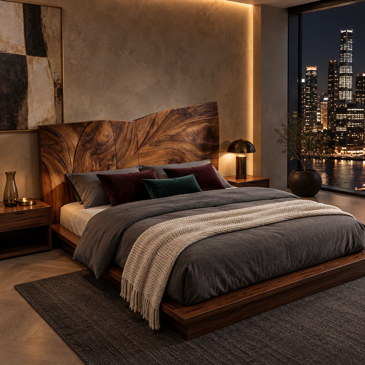 Modern Curved Top Wood Headboard With Carved Leaf Lines For Bedroom