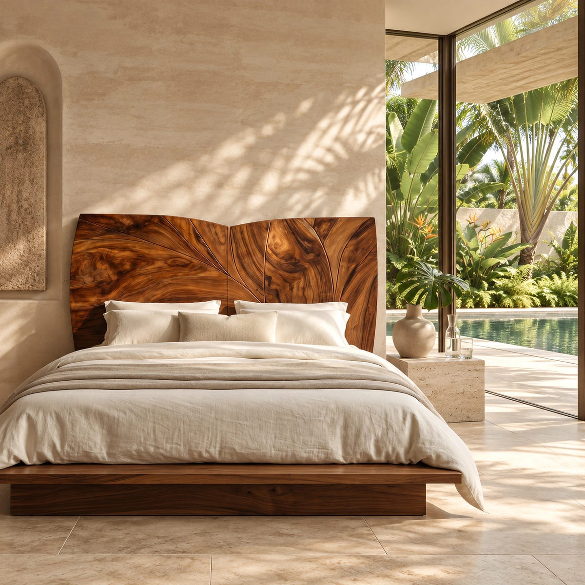 Modern Curved Top Wood Headboard With Carved Leaf Lines For Bedroom