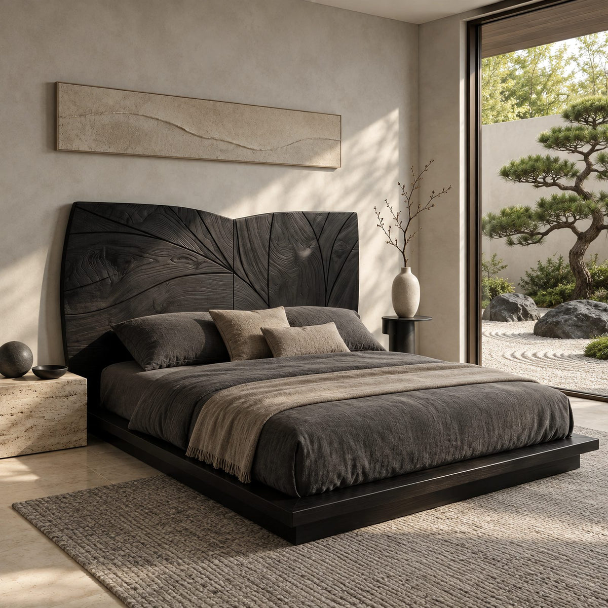 Modern Curved Top Wood Headboard With Carved Leaf Lines For Bedroom