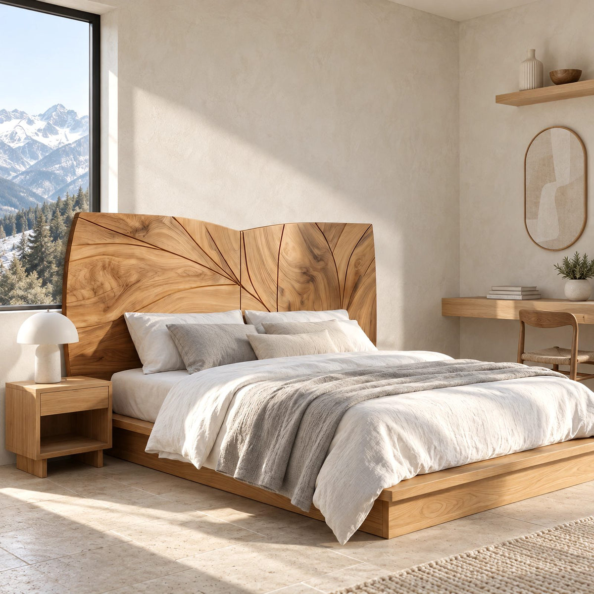Modern Curved Top Wood Headboard With Carved Leaf Lines For Bedroom