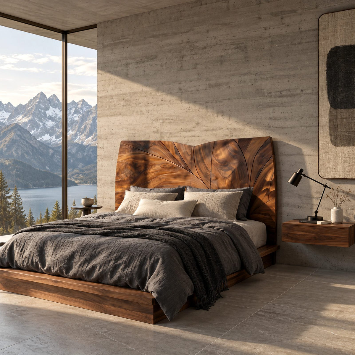Modern Curved Top Wood Headboard With Carved Leaf Lines For Bedroom