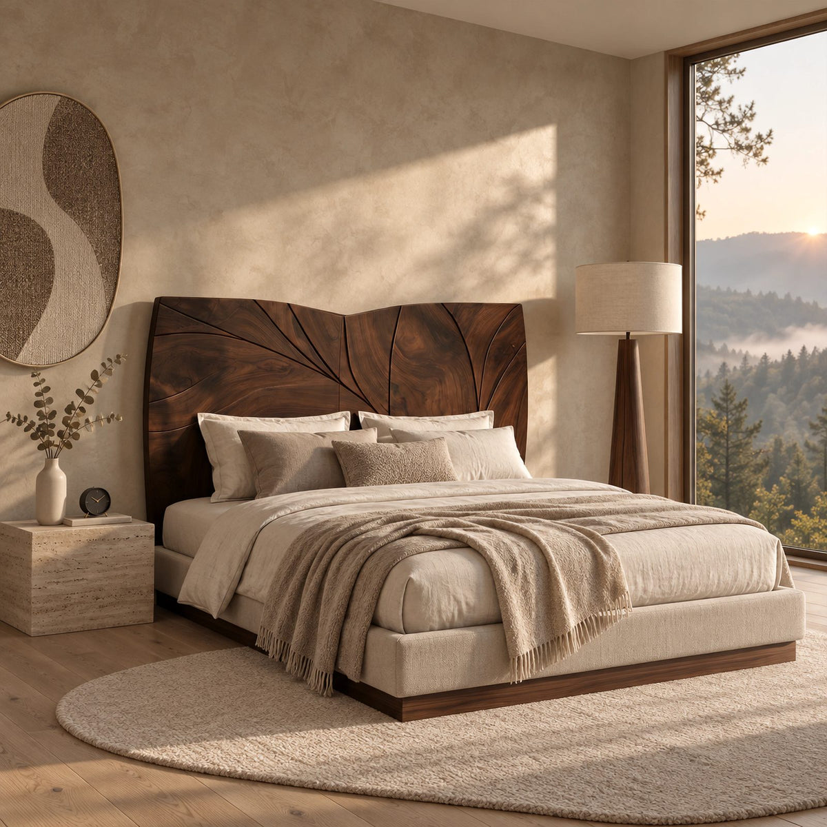 Modern Curved Top Wood Headboard With Carved Leaf Lines For Bedroom