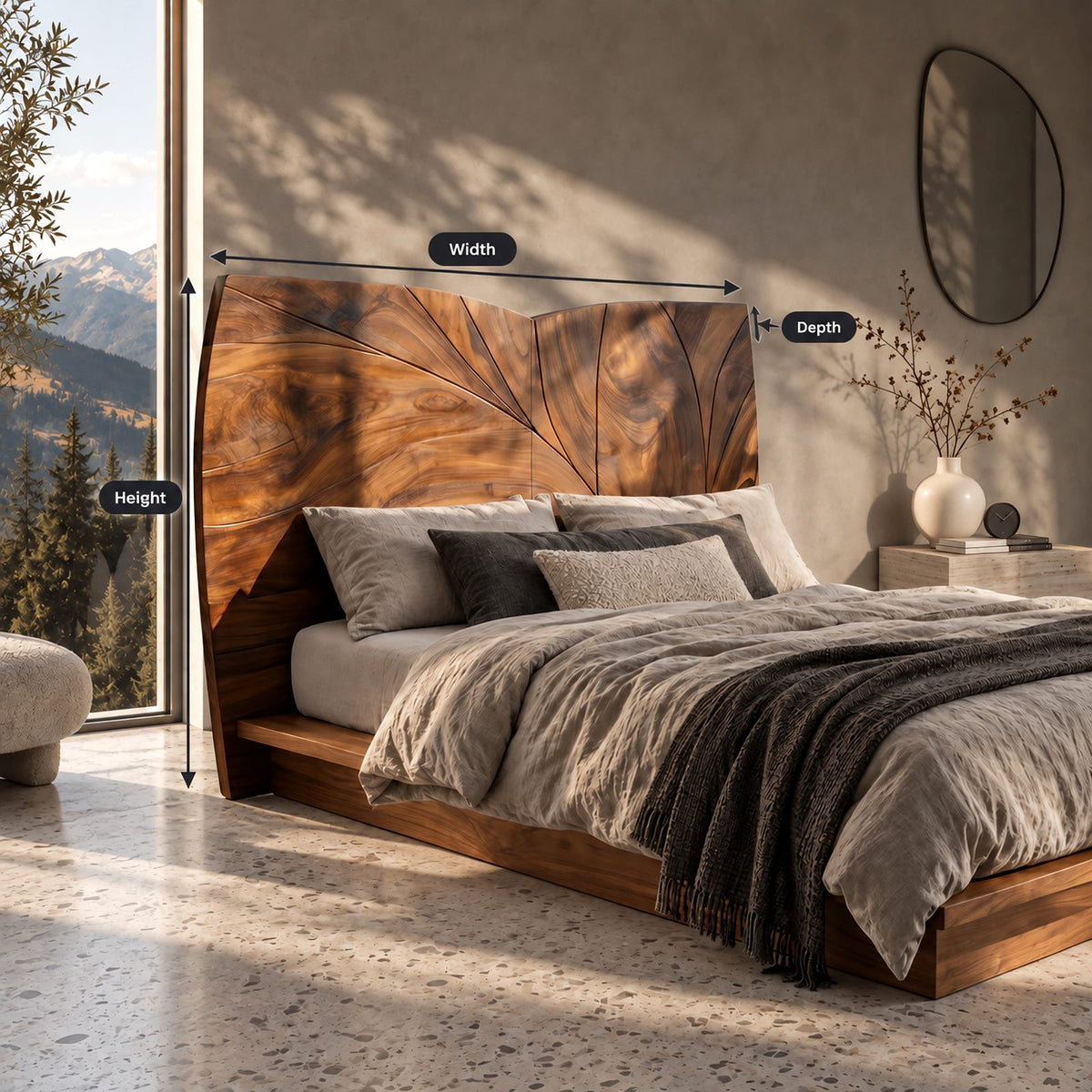Modern Curved Top Wood Headboard With Carved Leaf Lines For Bedroom