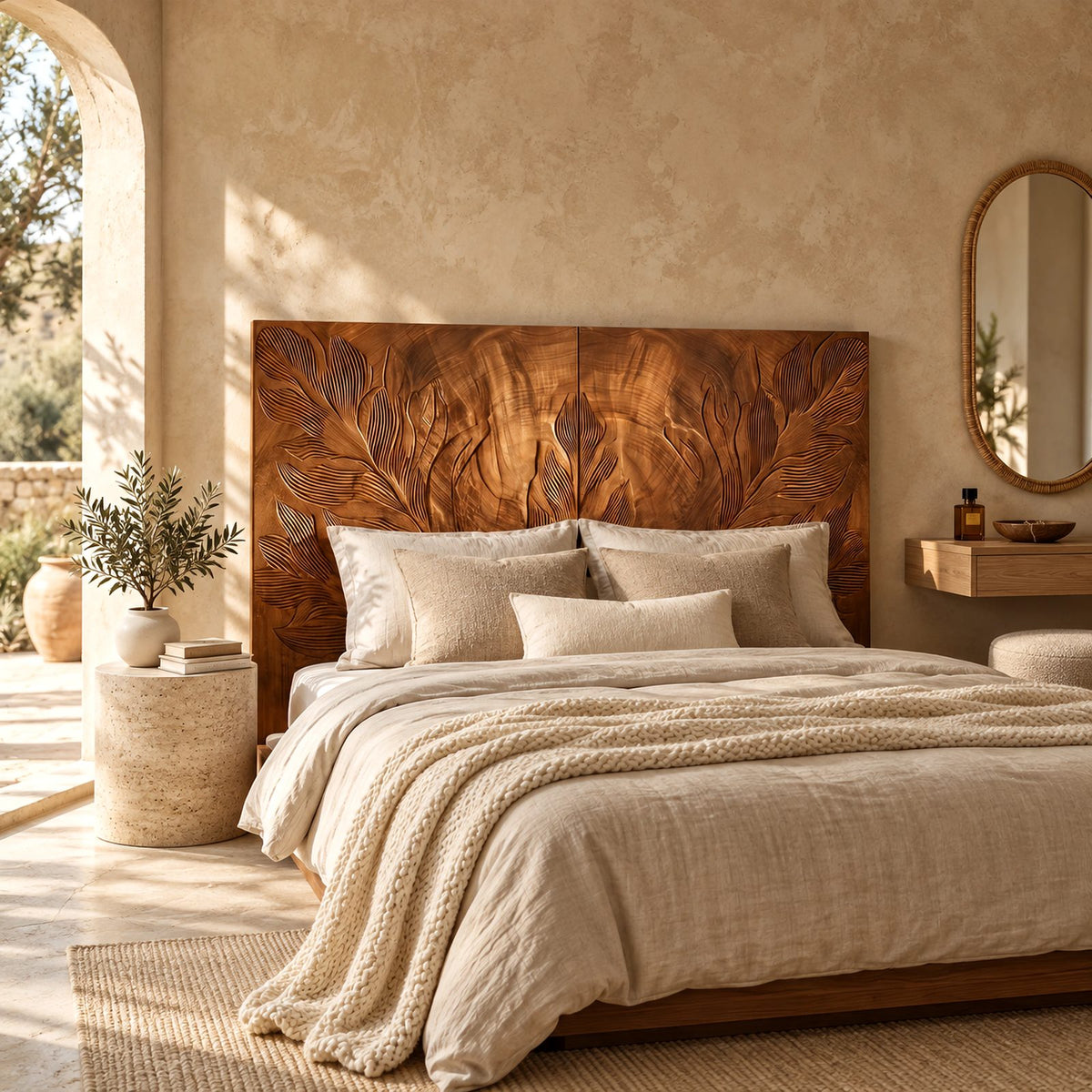 Tropical Hand Carved Wooden Headboard With Botanical Leaf Relief For Bedroom