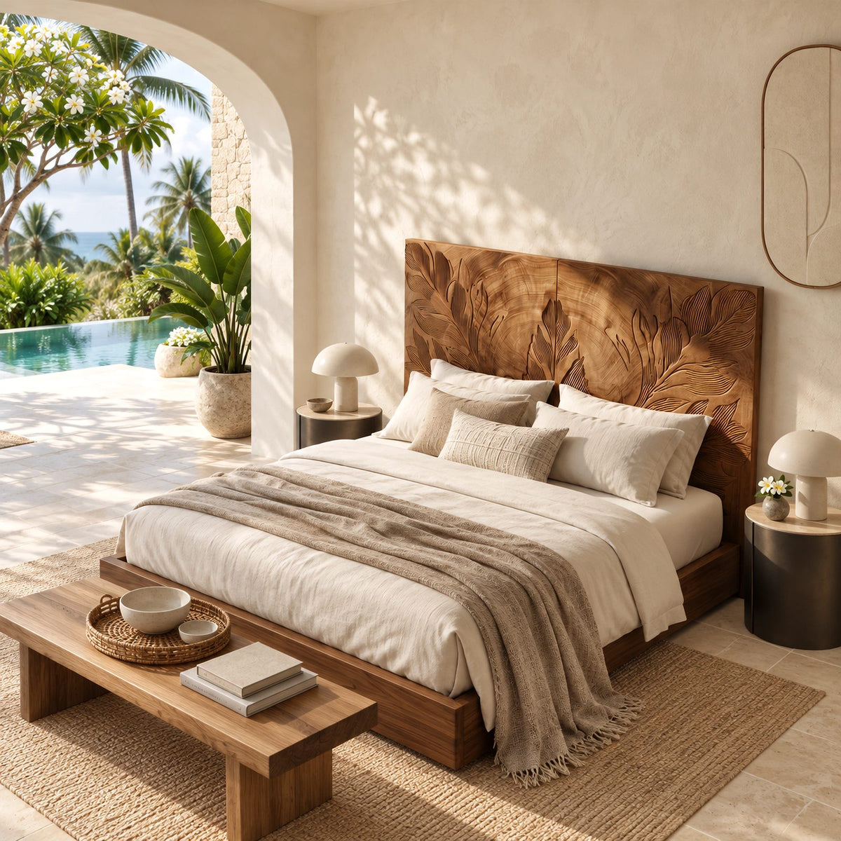 Tropical Hand Carved Wooden Headboard With Botanical Leaf Relief For Bedroom