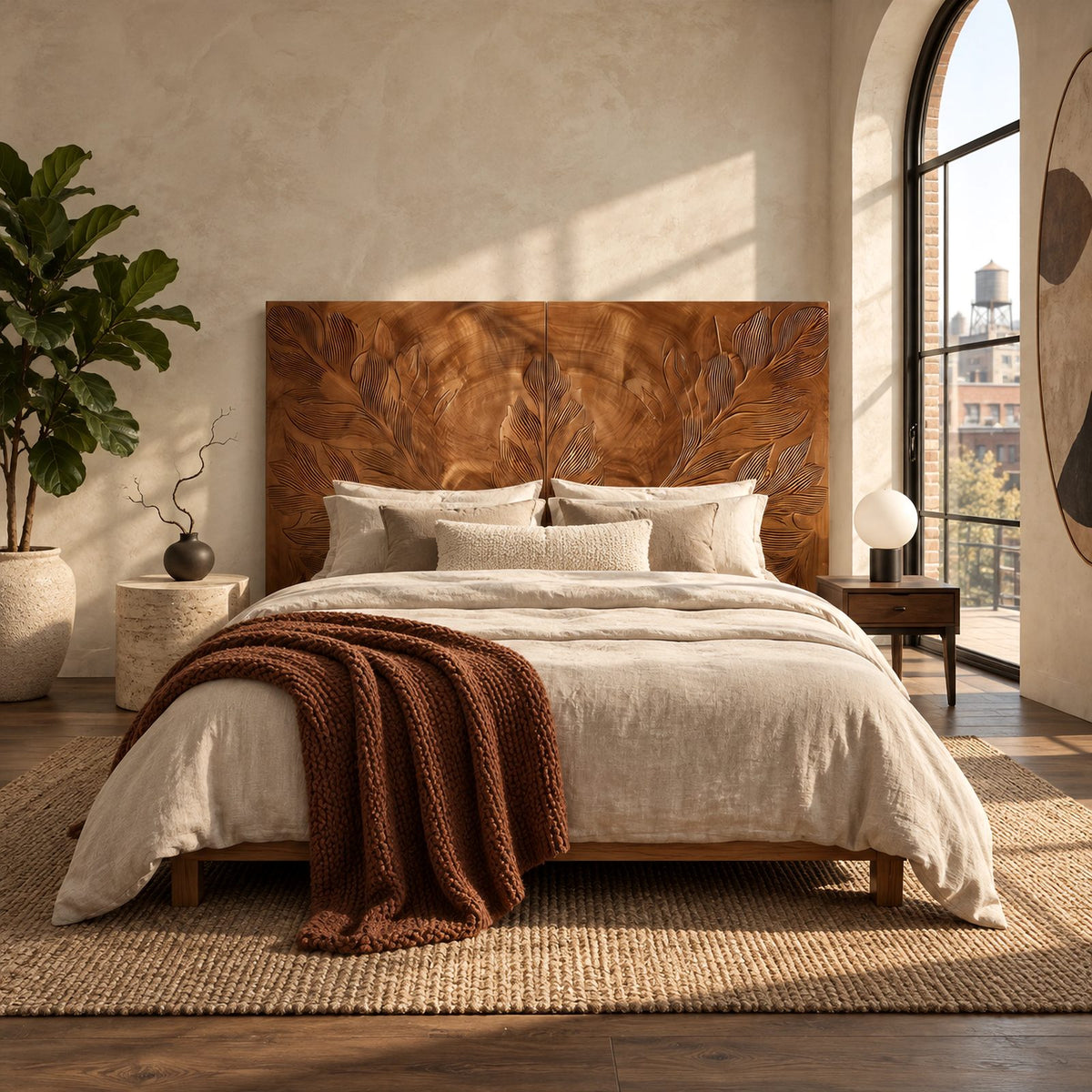 Tropical Hand Carved Wooden Headboard With Botanical Leaf Relief For Bedroom