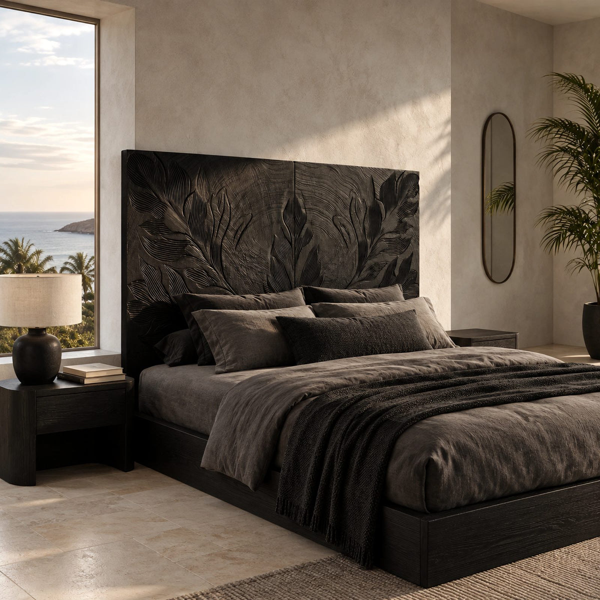 Tropical Hand Carved Wooden Headboard With Botanical Leaf Relief For Bedroom