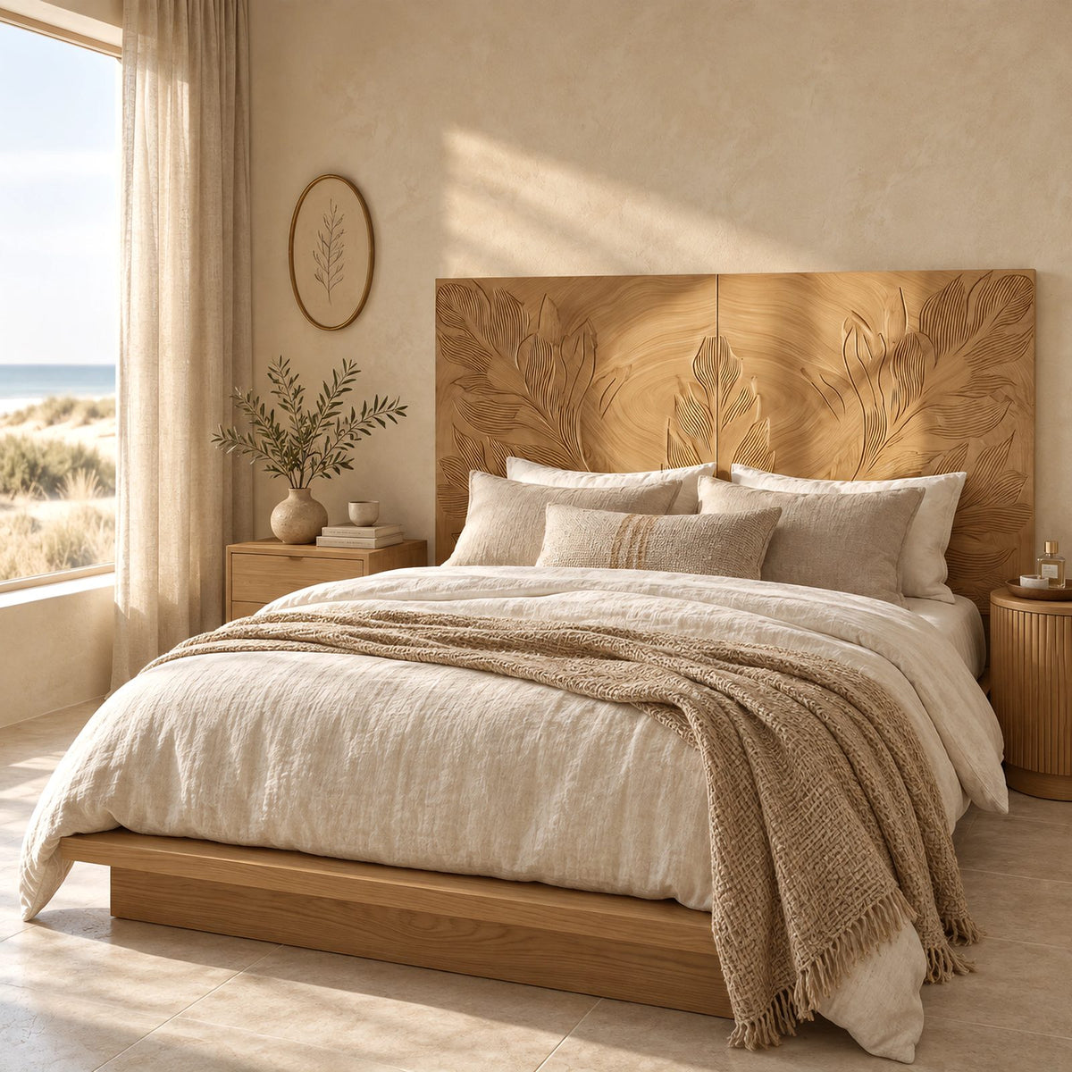 Tropical Hand Carved Wooden Headboard With Botanical Leaf Relief For Bedroom