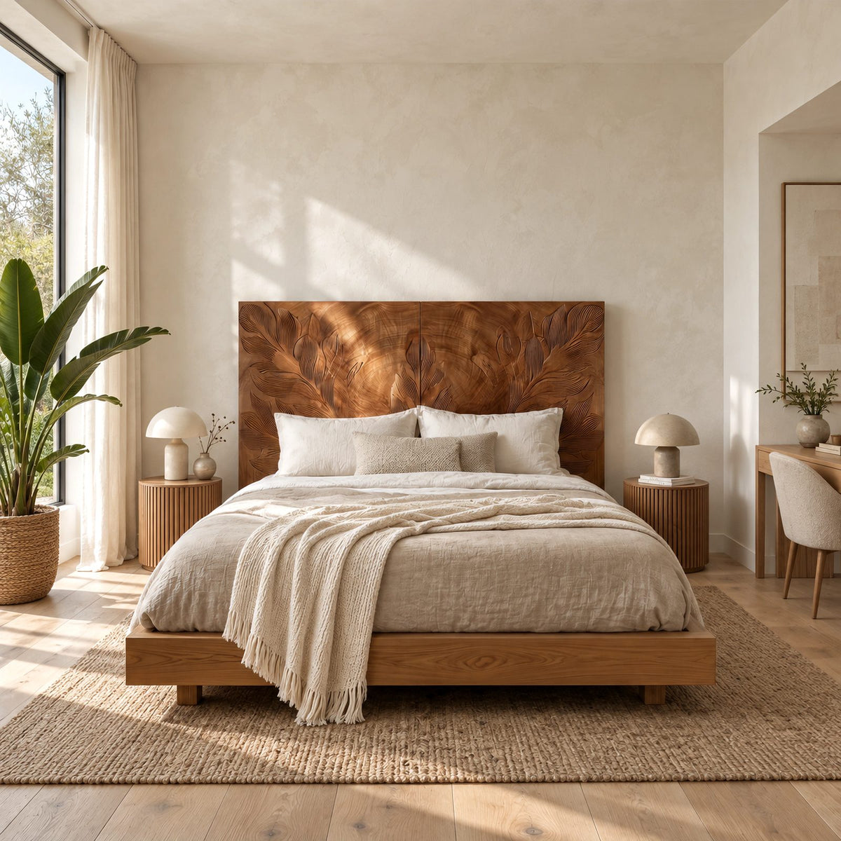 Tropical Hand Carved Wooden Headboard With Botanical Leaf Relief For Bedroom