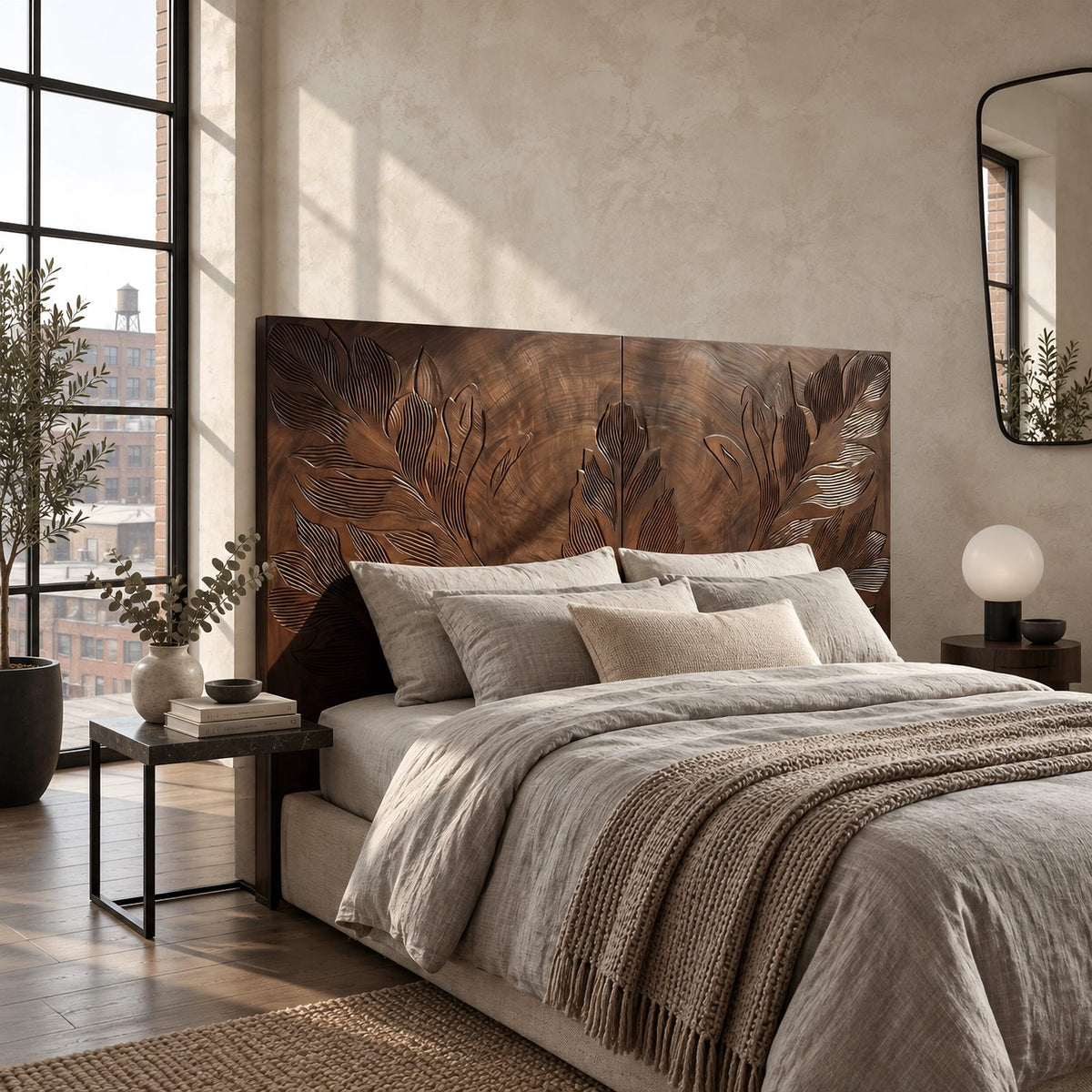 Tropical Hand Carved Wooden Headboard With Botanical Leaf Relief For Bedroom