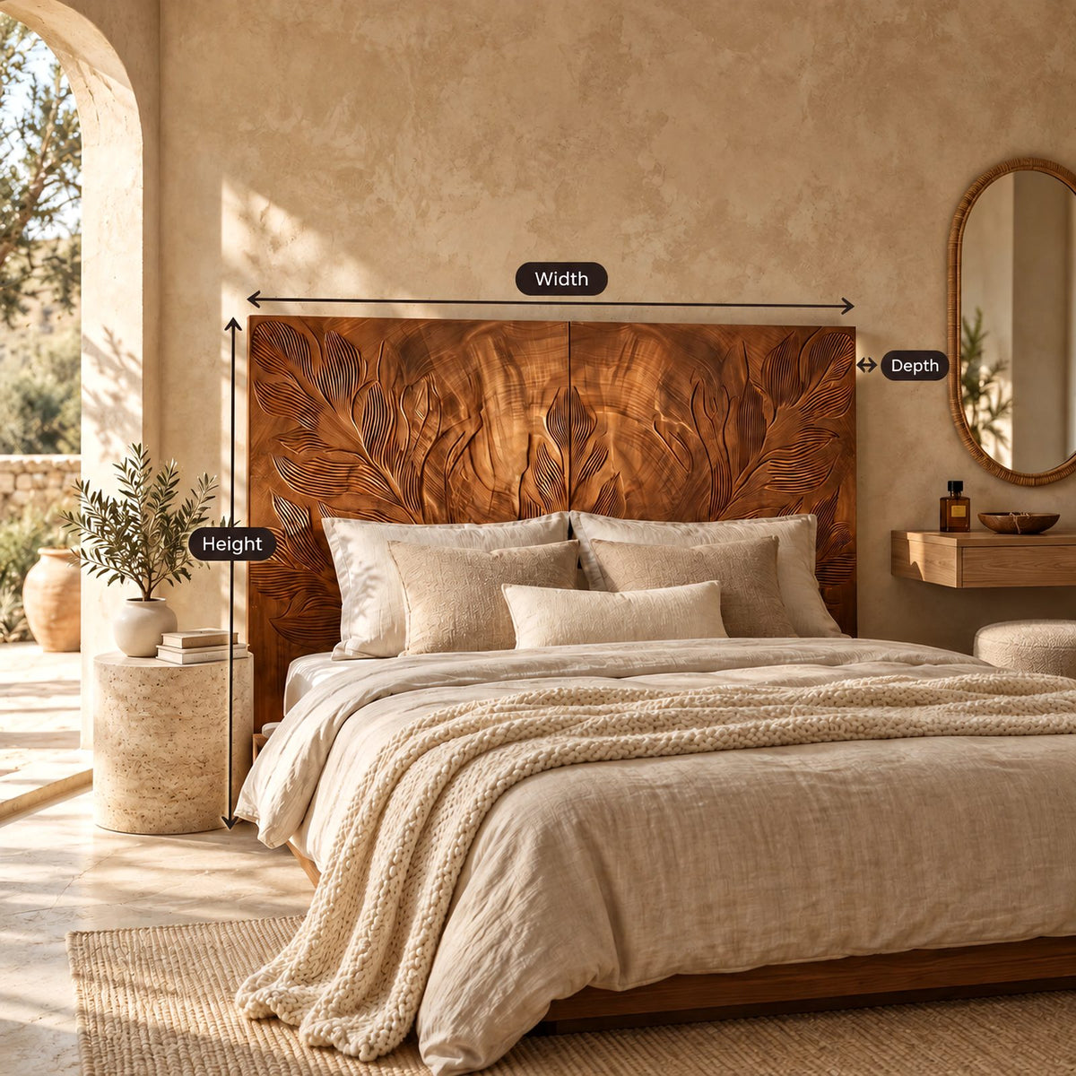 Tropical Hand Carved Wooden Headboard With Botanical Leaf Relief For Bedroom