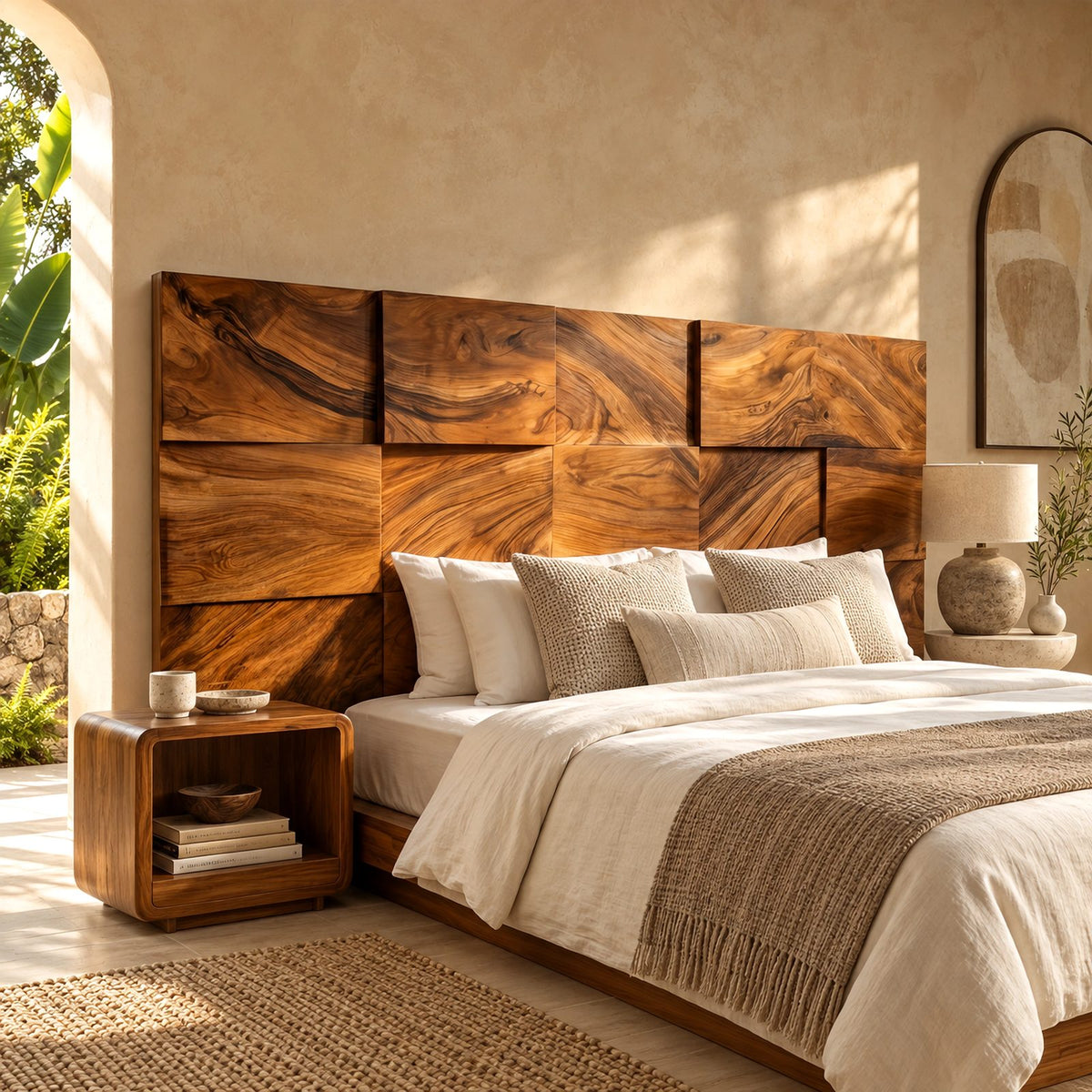 Minimalist Mosaic Block Wood Headboard With Staggered 3D Panels For Bedroom