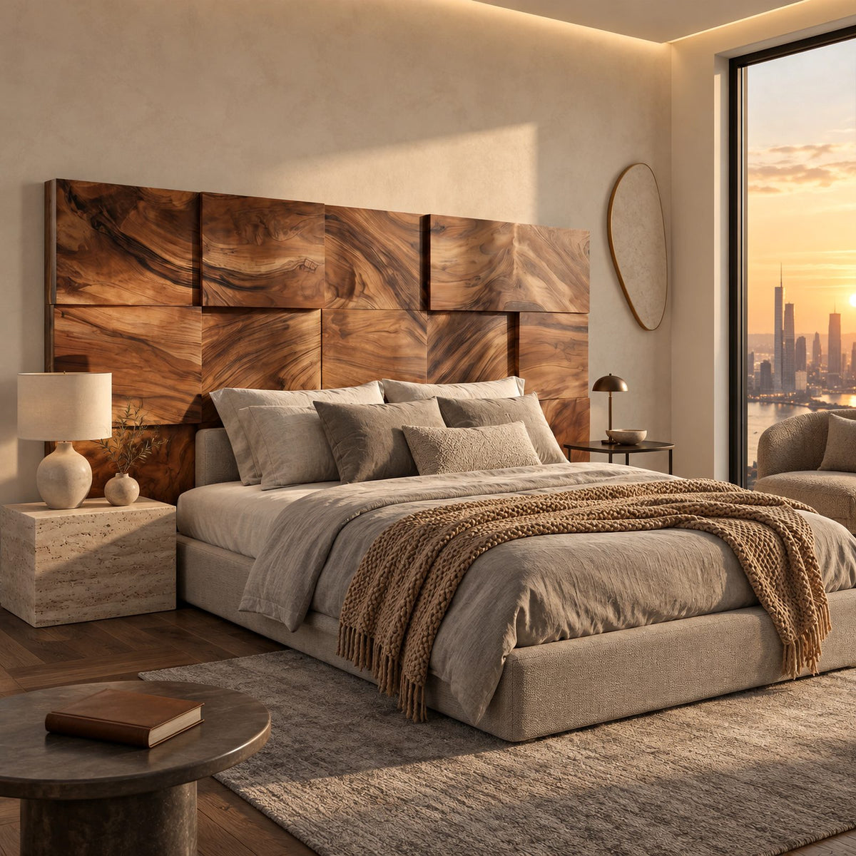 Minimalist Mosaic Block Wood Headboard With Staggered 3D Panels For Bedroom
