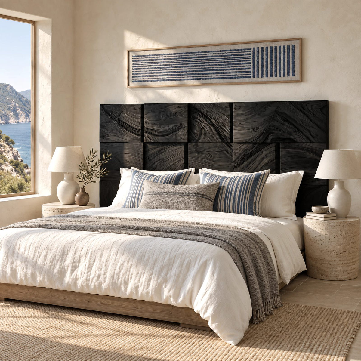 Minimalist Mosaic Block Wood Headboard With Staggered 3D Panels For Bedroom