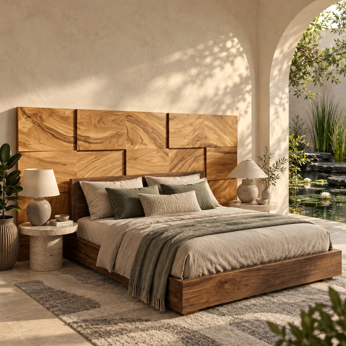 Minimalist Mosaic Block Wood Headboard With Staggered 3D Panels For Bedroom