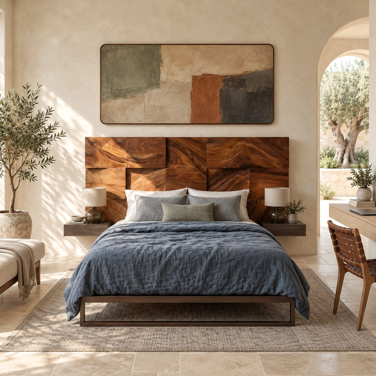 Minimalist Mosaic Block Wood Headboard With Staggered 3D Panels For Bedroom