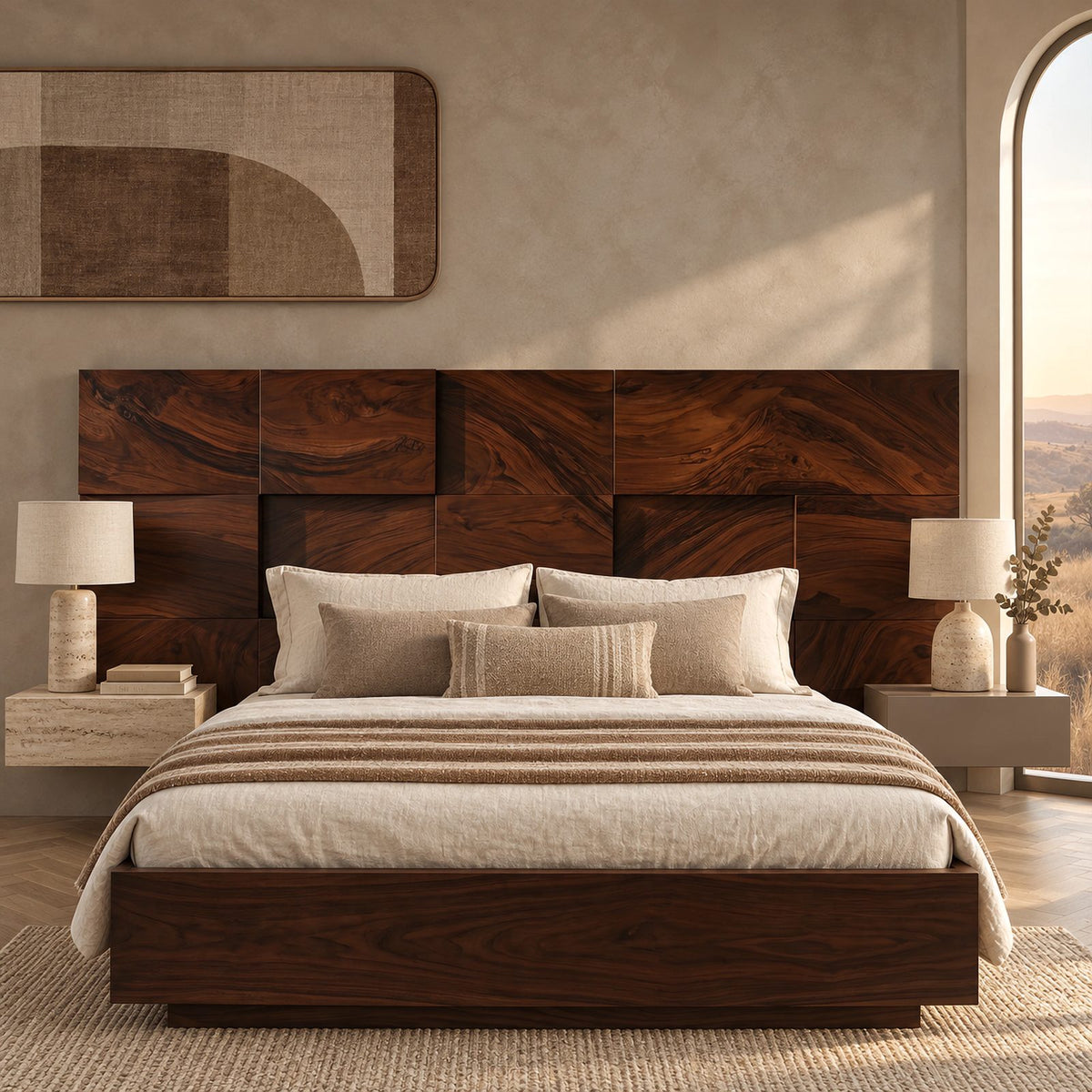 Minimalist Mosaic Block Wood Headboard With Staggered 3D Panels For Bedroom