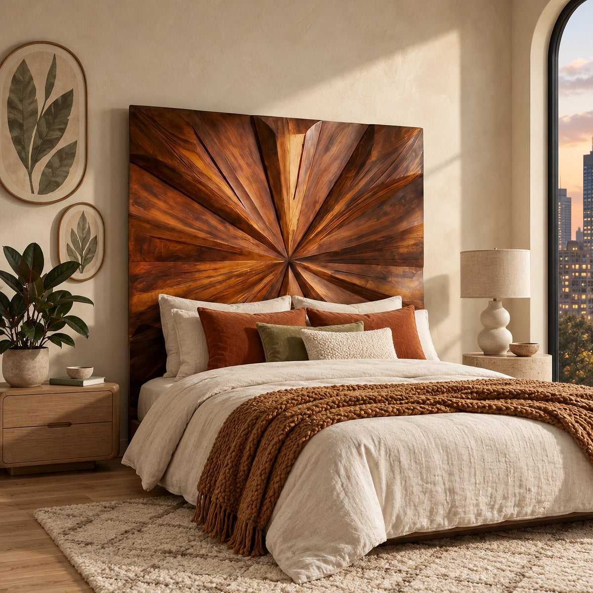 Sculptural Geometric Wood Headboard With Faceted Starburst For Bedroom