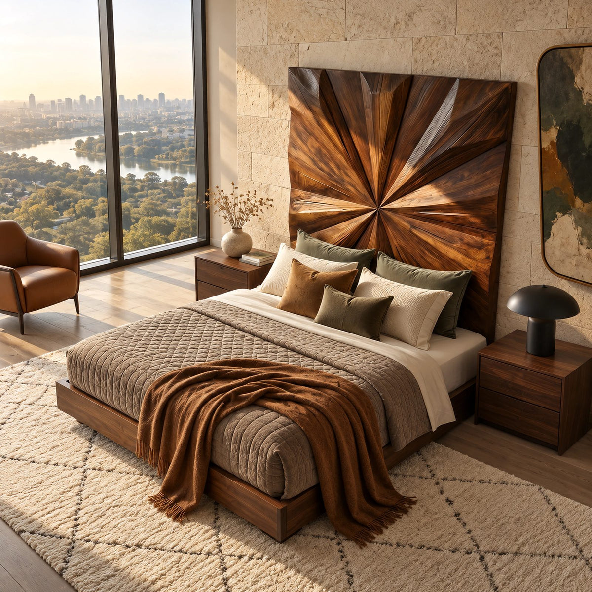Sculptural Geometric Wood Headboard With Faceted Starburst For Bedroom