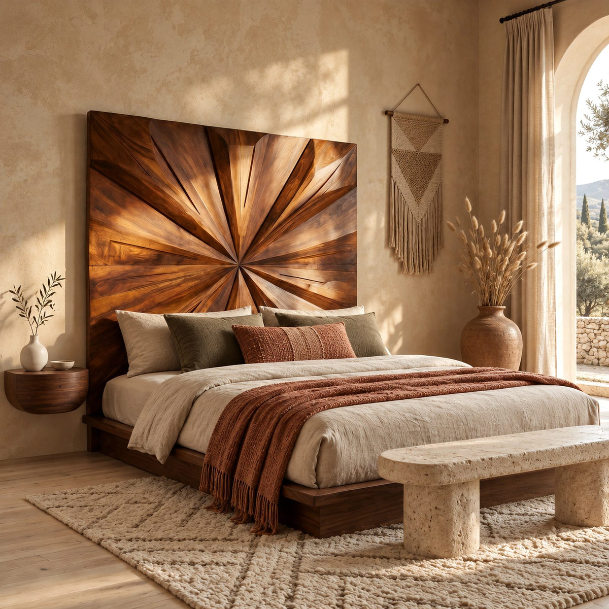 Sculptural Geometric Wood Headboard With Faceted Starburst For Bedroom