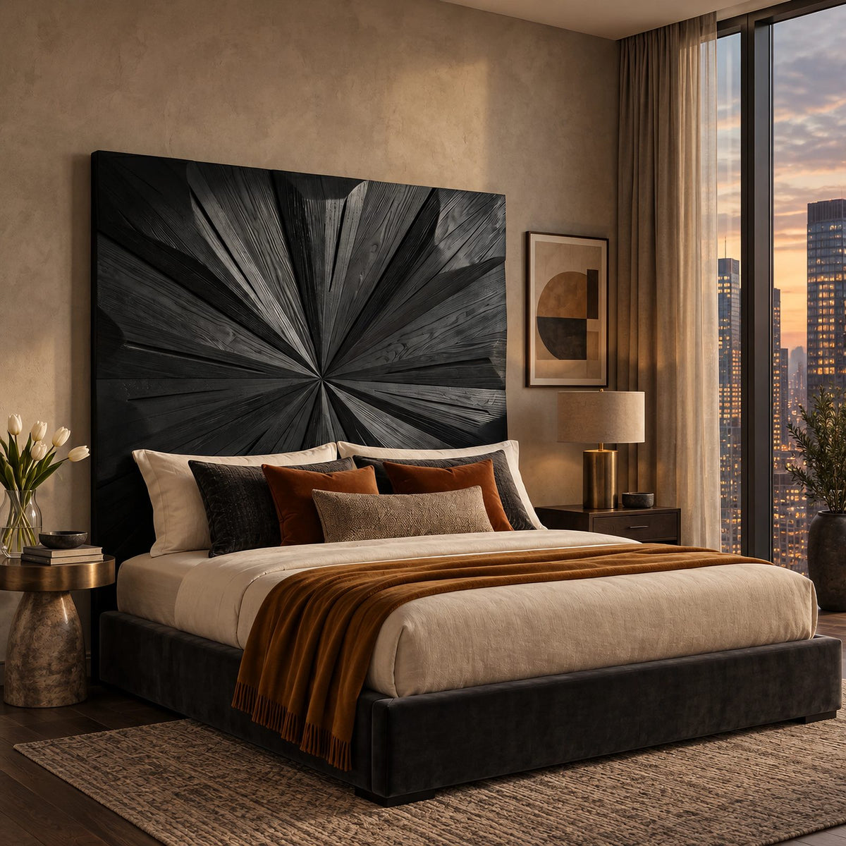 Sculptural Geometric Wood Headboard With Faceted Starburst For Bedroom