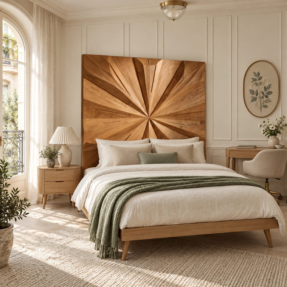 Sculptural Geometric Wood Headboard With Faceted Starburst For Bedroom