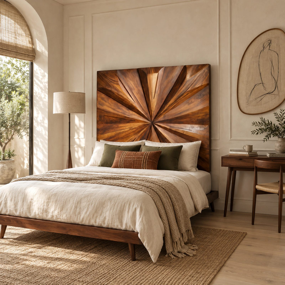 Sculptural Geometric Wood Headboard With Faceted Starburst For Bedroom