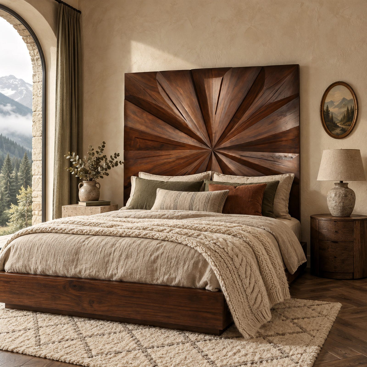 Sculptural Geometric Wood Headboard With Faceted Starburst For Bedroom