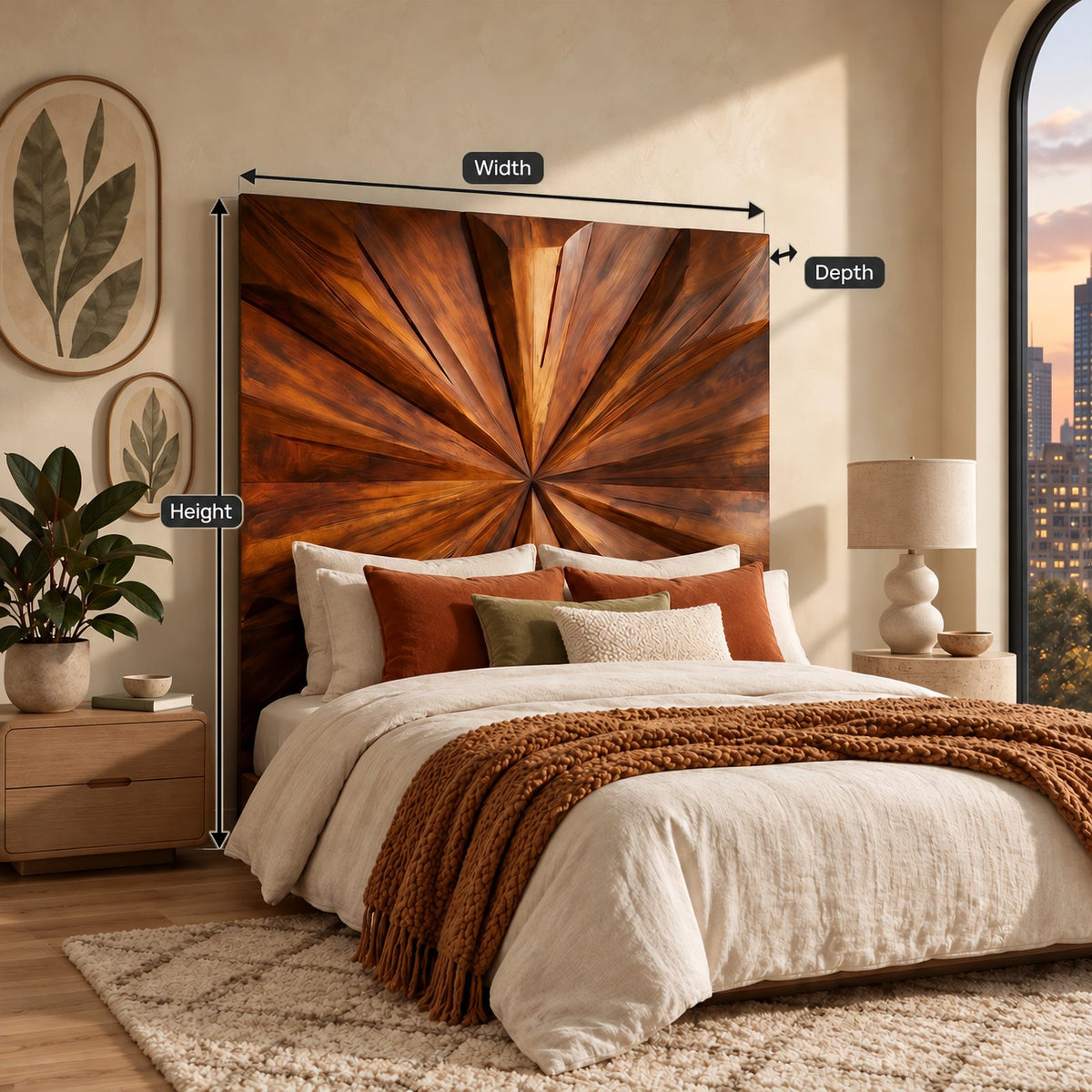 Sculptural Geometric Wood Headboard With Faceted Starburst For Bedroom