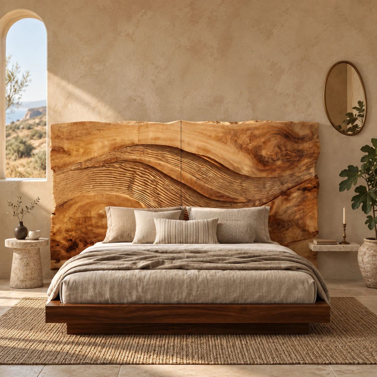 Rustic Live Edge Wave Carved Headboard With Textured Ridges For Bedroom