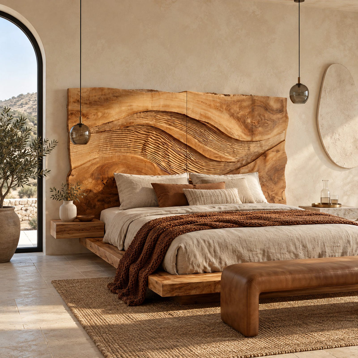 Rustic Live Edge Wave Carved Headboard With Textured Ridges For Bedroom