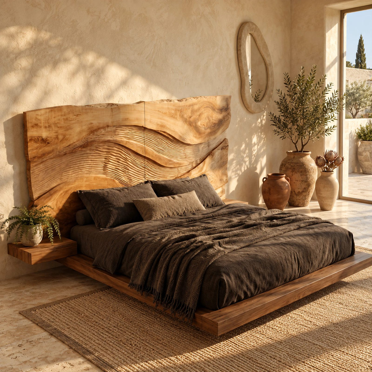 Rustic Live Edge Wave Carved Headboard With Textured Ridges For Bedroom