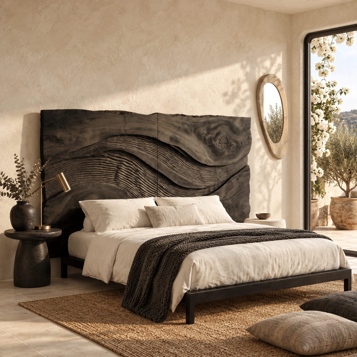 Rustic Live Edge Wave Carved Headboard With Textured Ridges For Bedroom