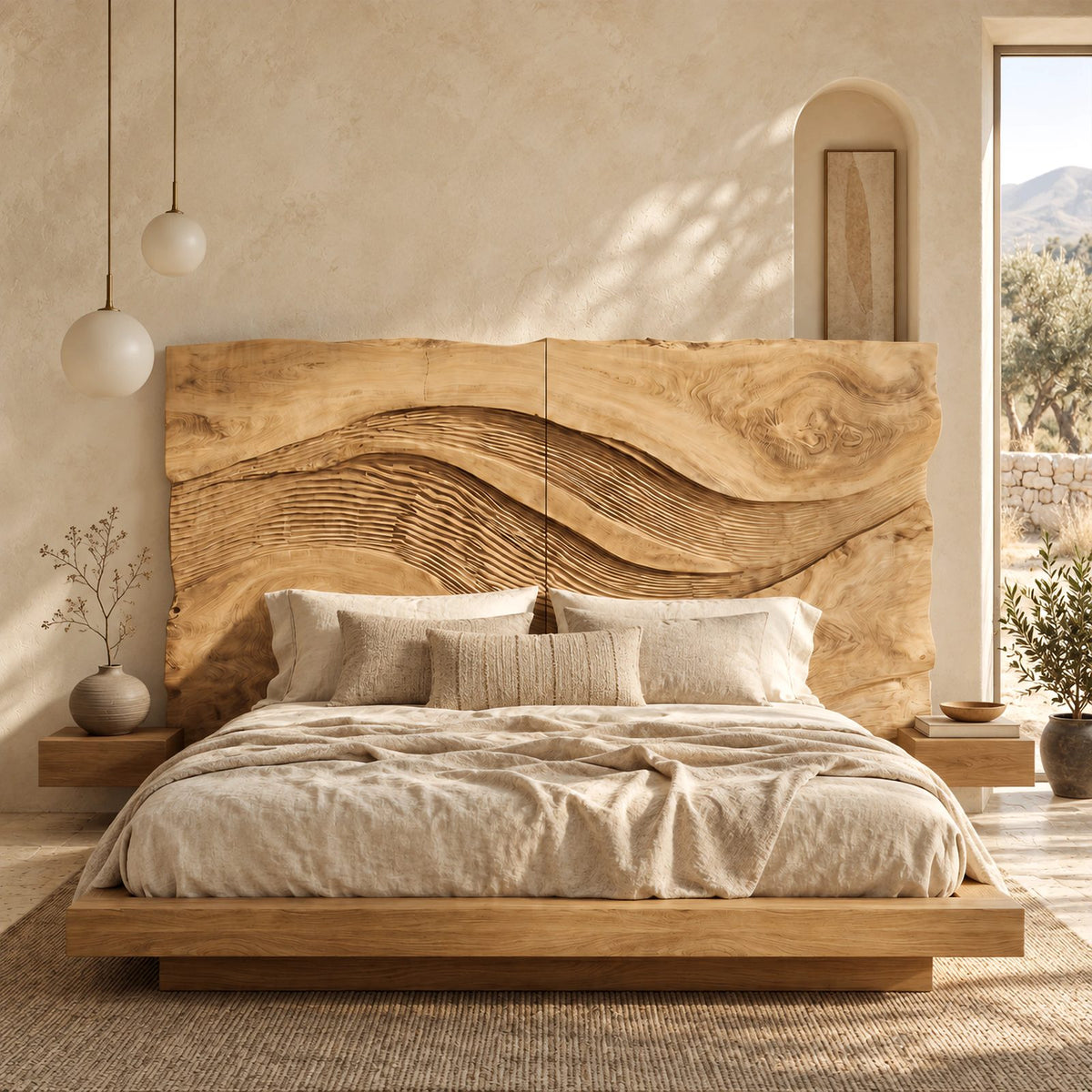 Rustic Live Edge Wave Carved Headboard With Textured Ridges For Bedroom