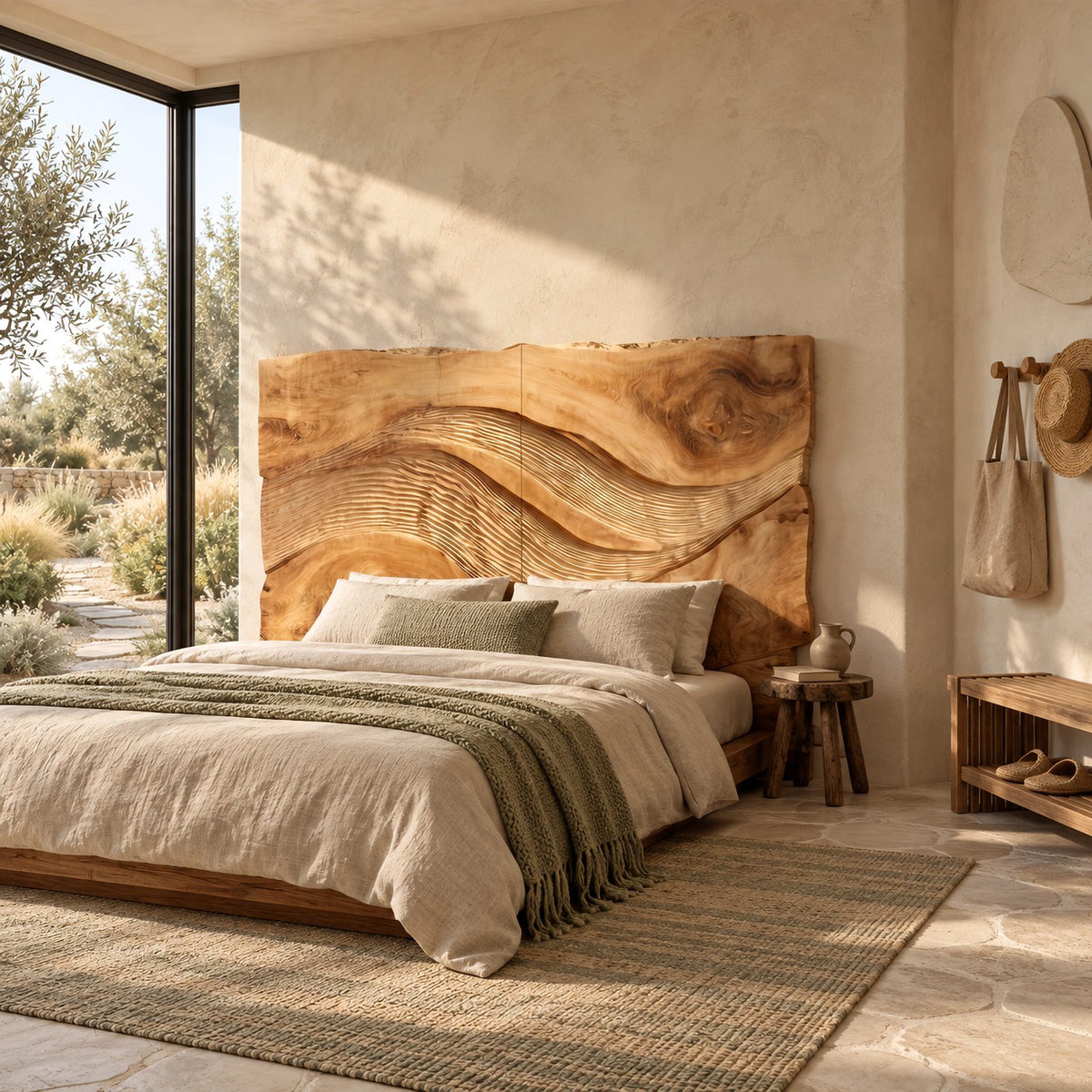 Rustic Live Edge Wave Carved Headboard With Textured Ridges For Bedroom