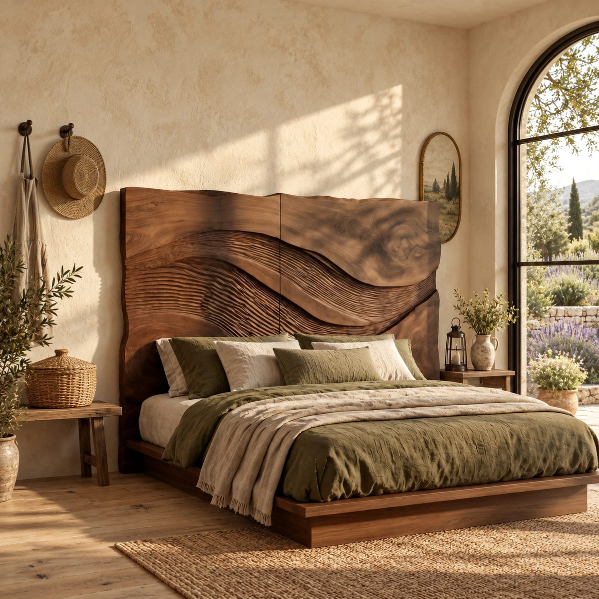 Rustic Live Edge Wave Carved Headboard With Textured Ridges For Bedroom