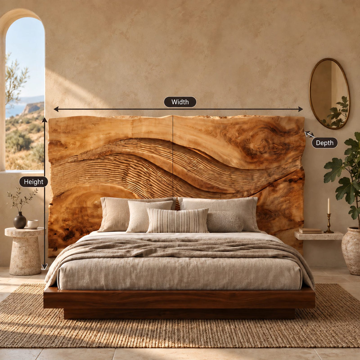 Rustic Live Edge Wave Carved Headboard With Textured Ridges For Bedroom