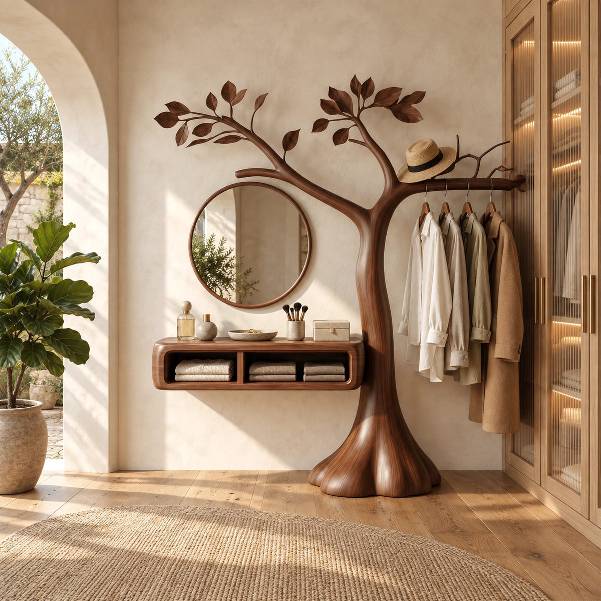 Handcrafted Tree Sculpture Vanity With Floating Cubby Shelf For Bedroom