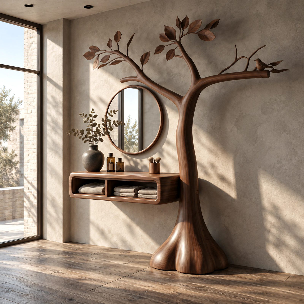 Handcrafted Tree Sculpture Vanity With Floating Cubby Shelf For Bedroom