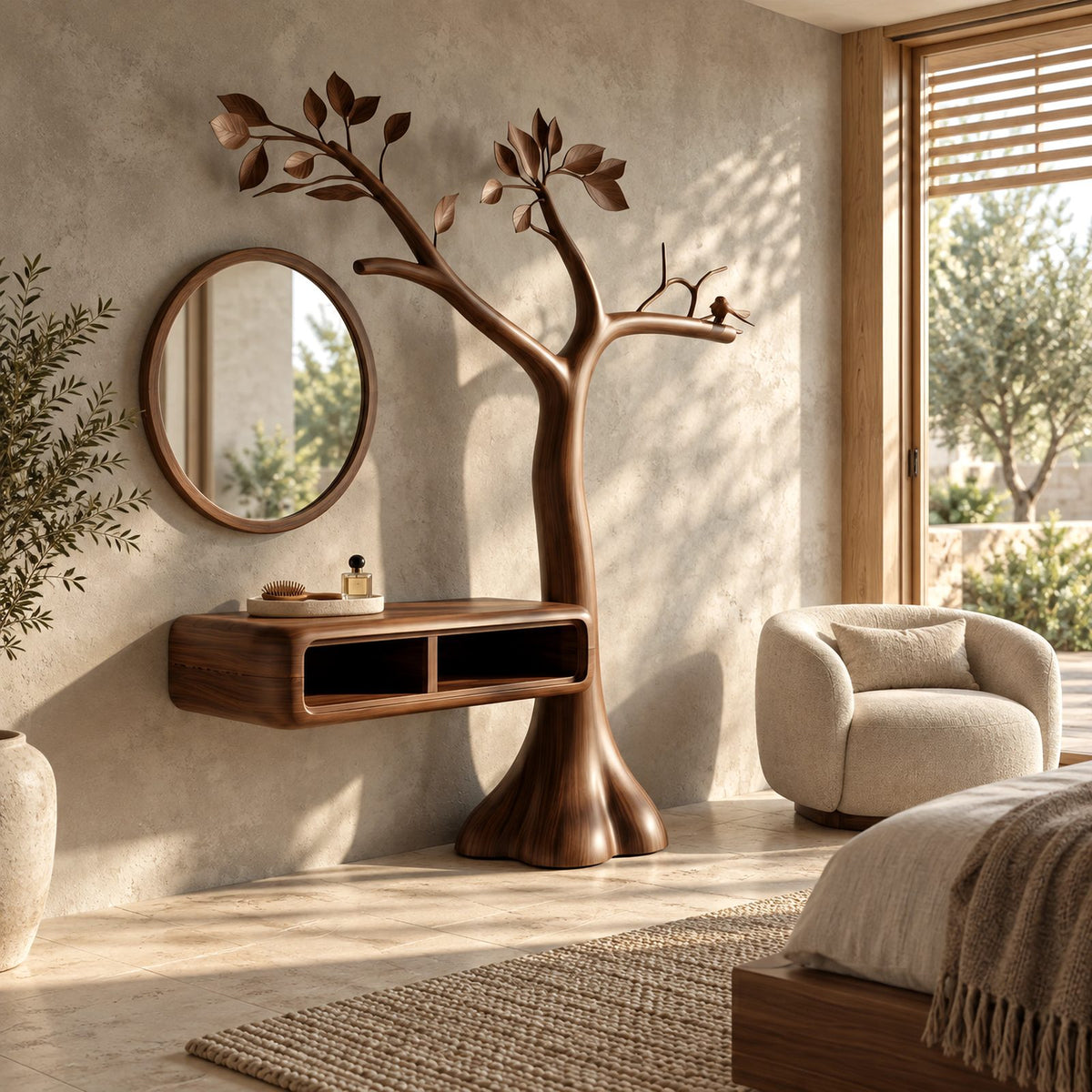 Handcrafted Tree Sculpture Vanity With Floating Cubby Shelf For Bedroom
