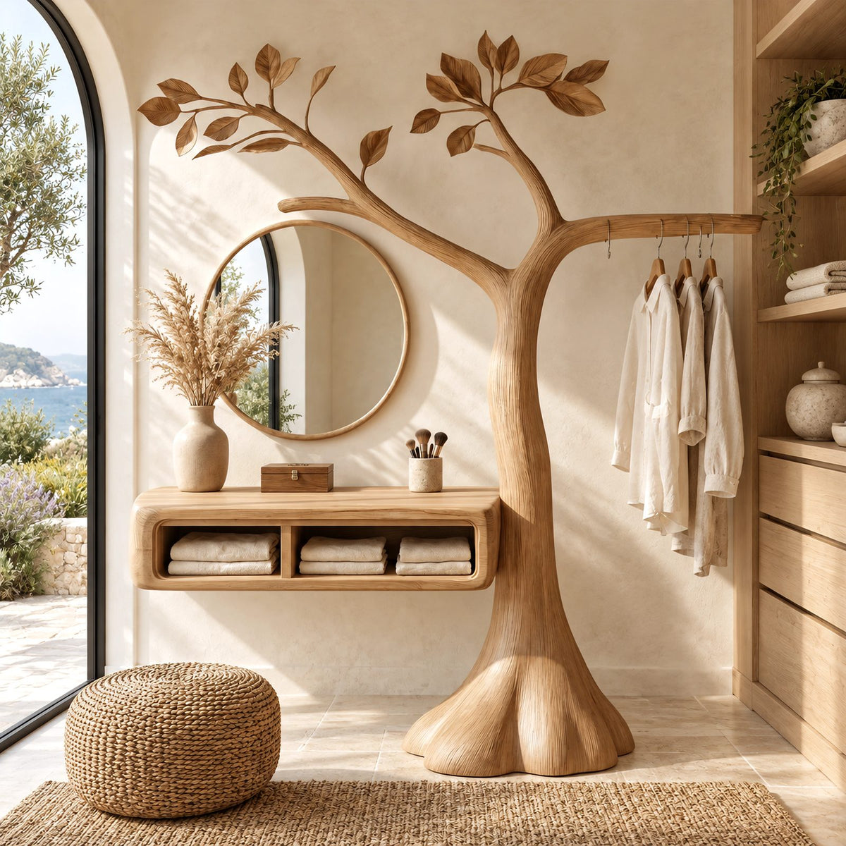Handcrafted Tree Sculpture Vanity With Floating Cubby Shelf For Bedroom