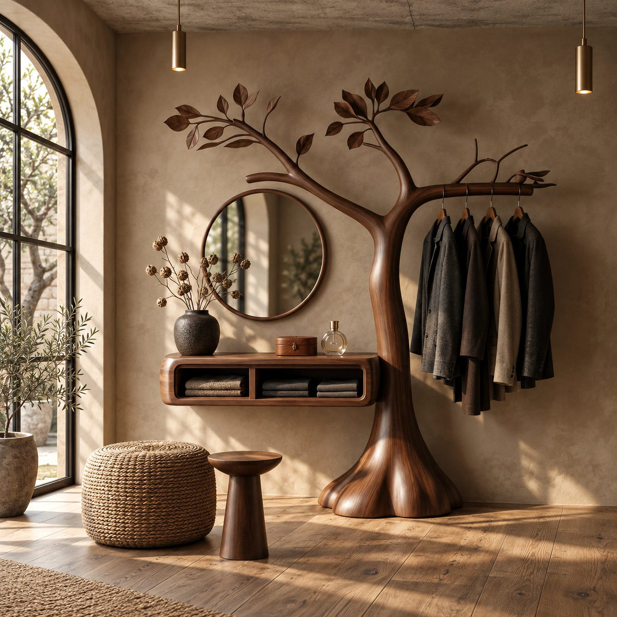 Handcrafted Tree Sculpture Vanity With Floating Cubby Shelf For Bedroom