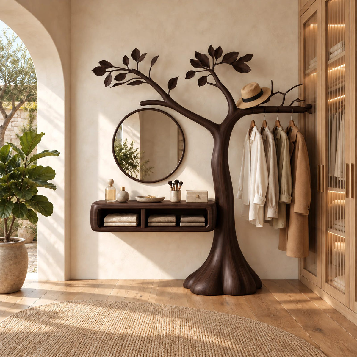Handcrafted Tree Sculpture Vanity With Floating Cubby Shelf For Bedroom