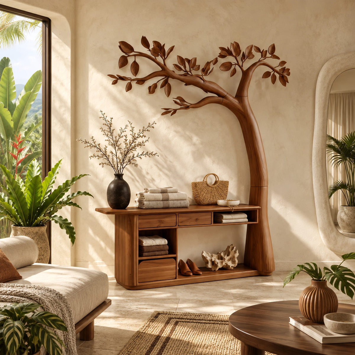 Artisan Carved Tree Dressing Console With Storage Drawers For Bedroom